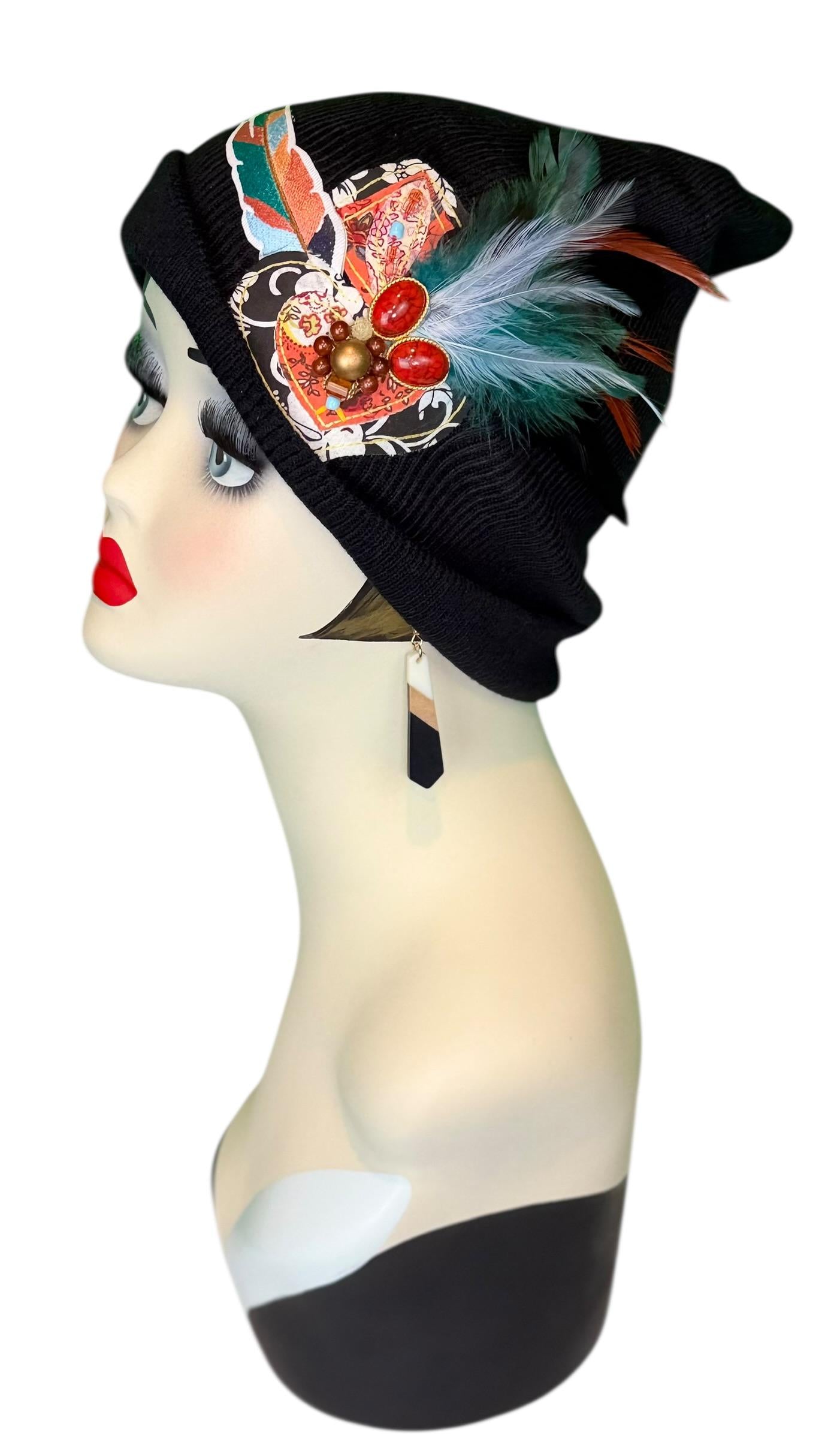 Statement Tribal Patchwork Flapper - Designer Jeweled and Feathered Embellished Knit Hat