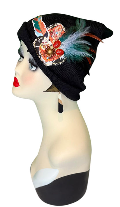 Statement Tribal Patchwork Flapper - Designer Jeweled and Feathered Embellished Knit Hat