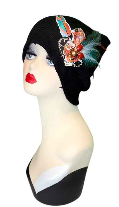 Statement Tribal Patchwork Flapper - Designer Jeweled and Feathered Embellished Knit Hat