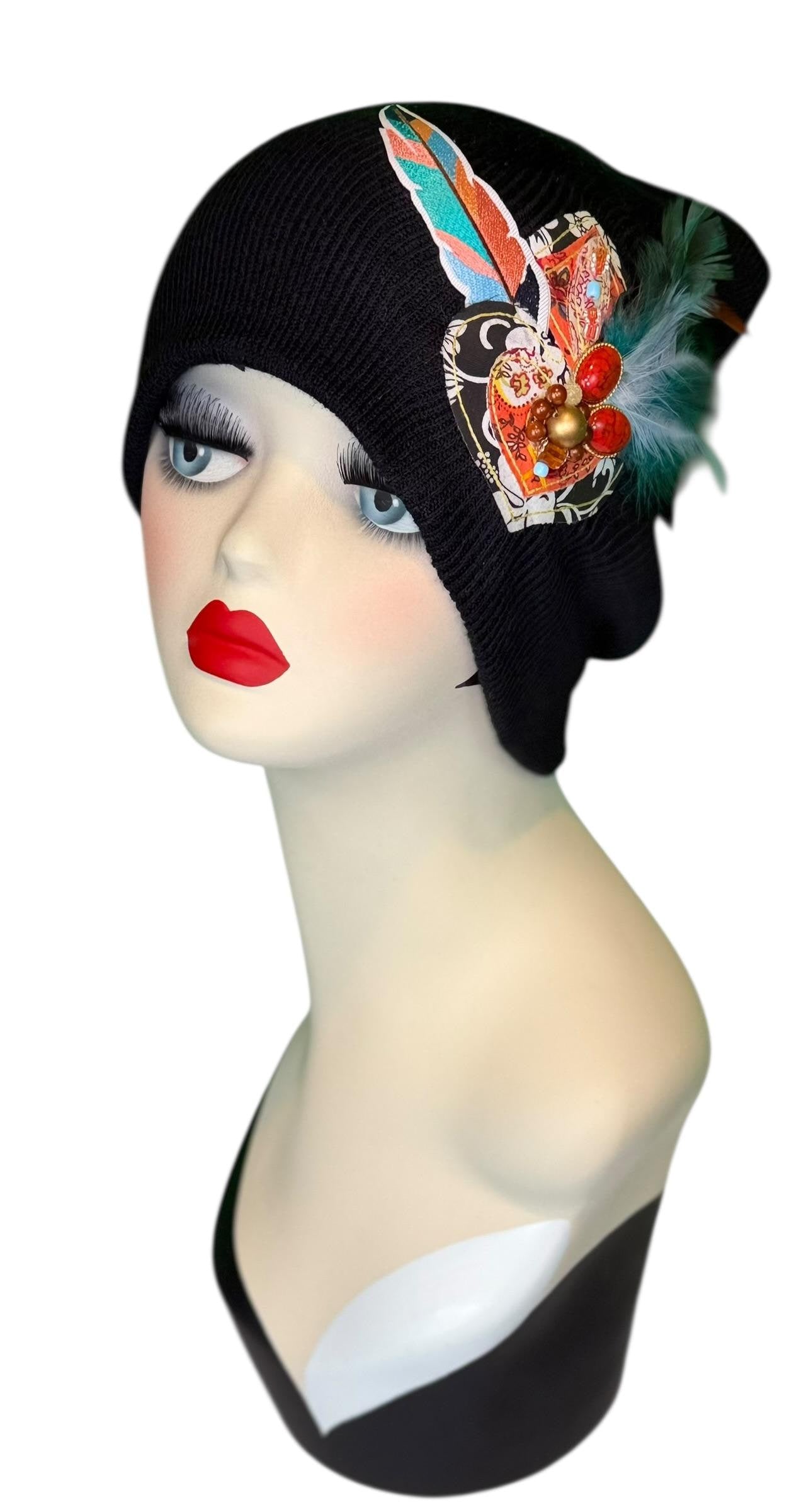 Statement Tribal Patchwork Flapper - Designer Jeweled and Feathered Embellished Knit Hat