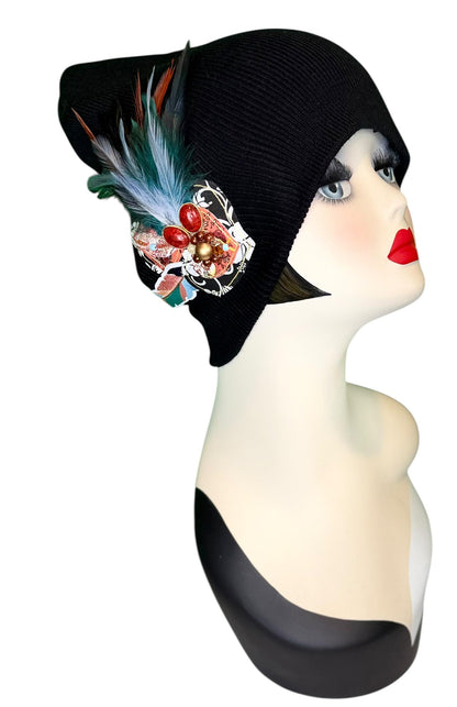 Statement Tribal Patchwork Flapper - Designer Jeweled and Feathered Embellished Knit Hat
