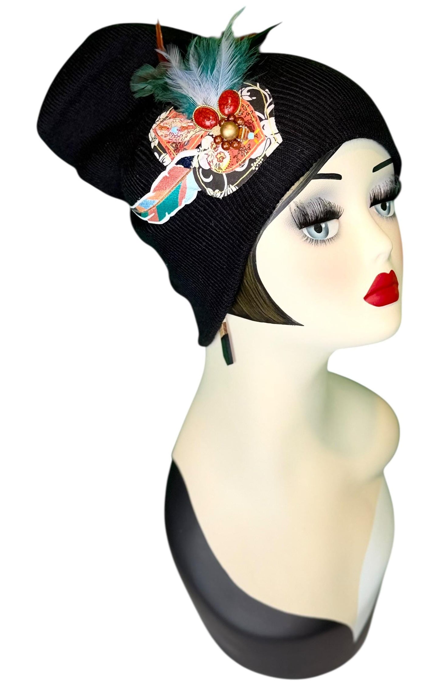 Statement Tribal Patchwork Flapper - Designer Jeweled and Feathered Embellished Knit Hat