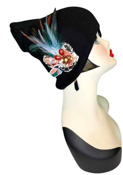 Statement Tribal Patchwork Flapper - Designer Jeweled and Feathered Embellished Knit Hat