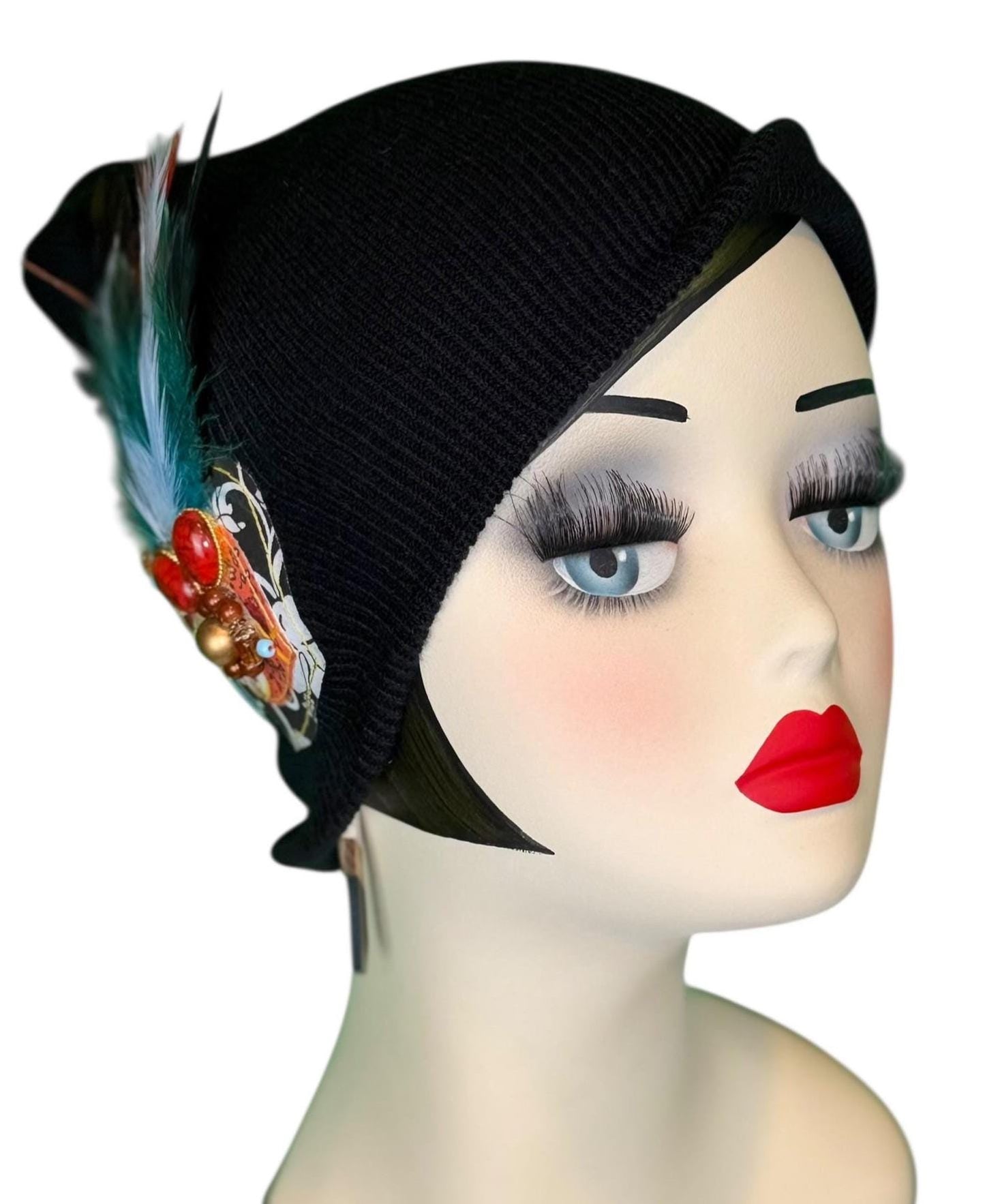 Statement Tribal Patchwork Flapper - Designer Jeweled and Feathered Embellished Knit Hat
