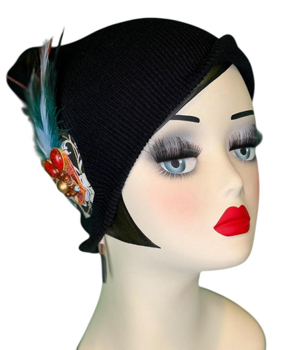 Statement Tribal Patchwork Flapper - Designer Jeweled and Feathered Embellished Knit Hat
