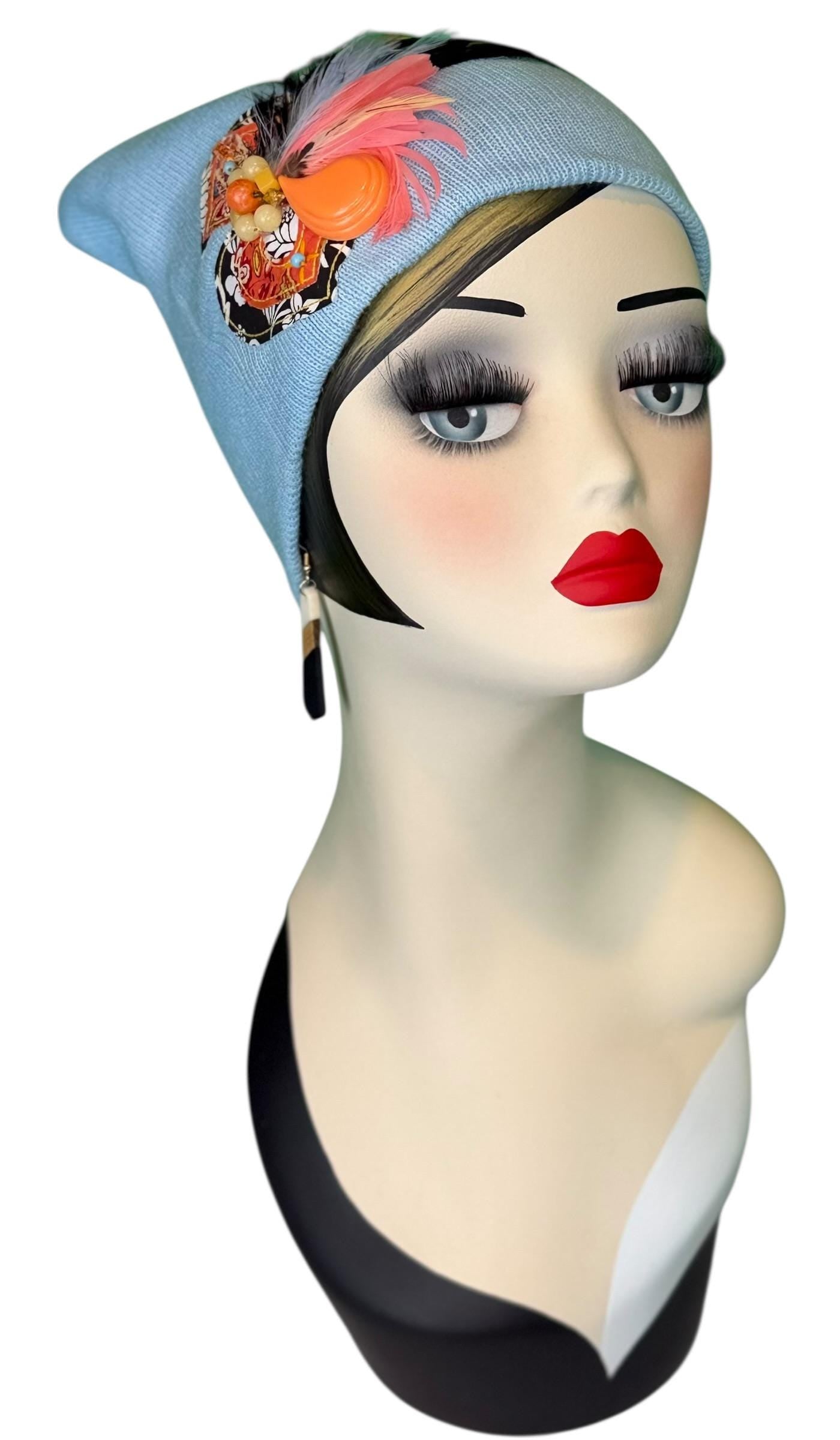 Statement Tribal Patchwork Flapper - Designer Jeweled and Feathered Embellished Knit Hat