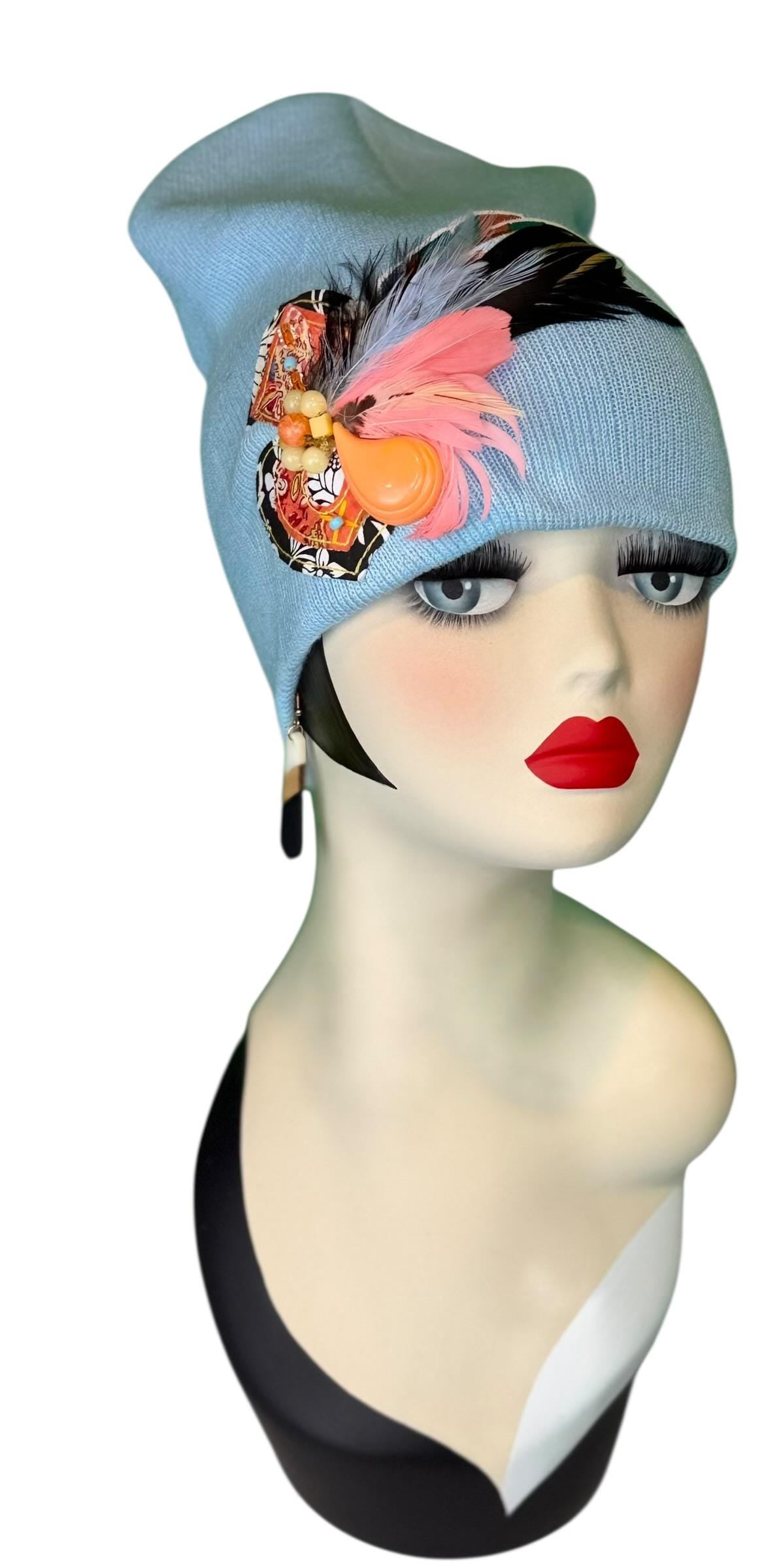 Statement Tribal Patchwork Flapper - Designer Jeweled and Feathered Embellished Knit Hat
