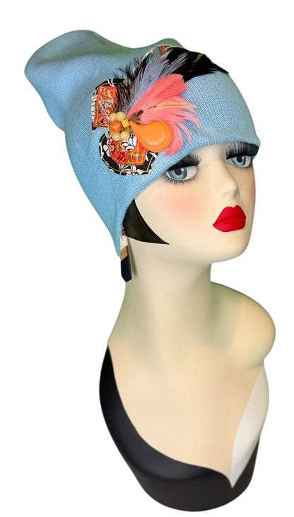 Statement Tribal Patchwork Flapper - Designer Jeweled and Feathered Embellished Knit Hat