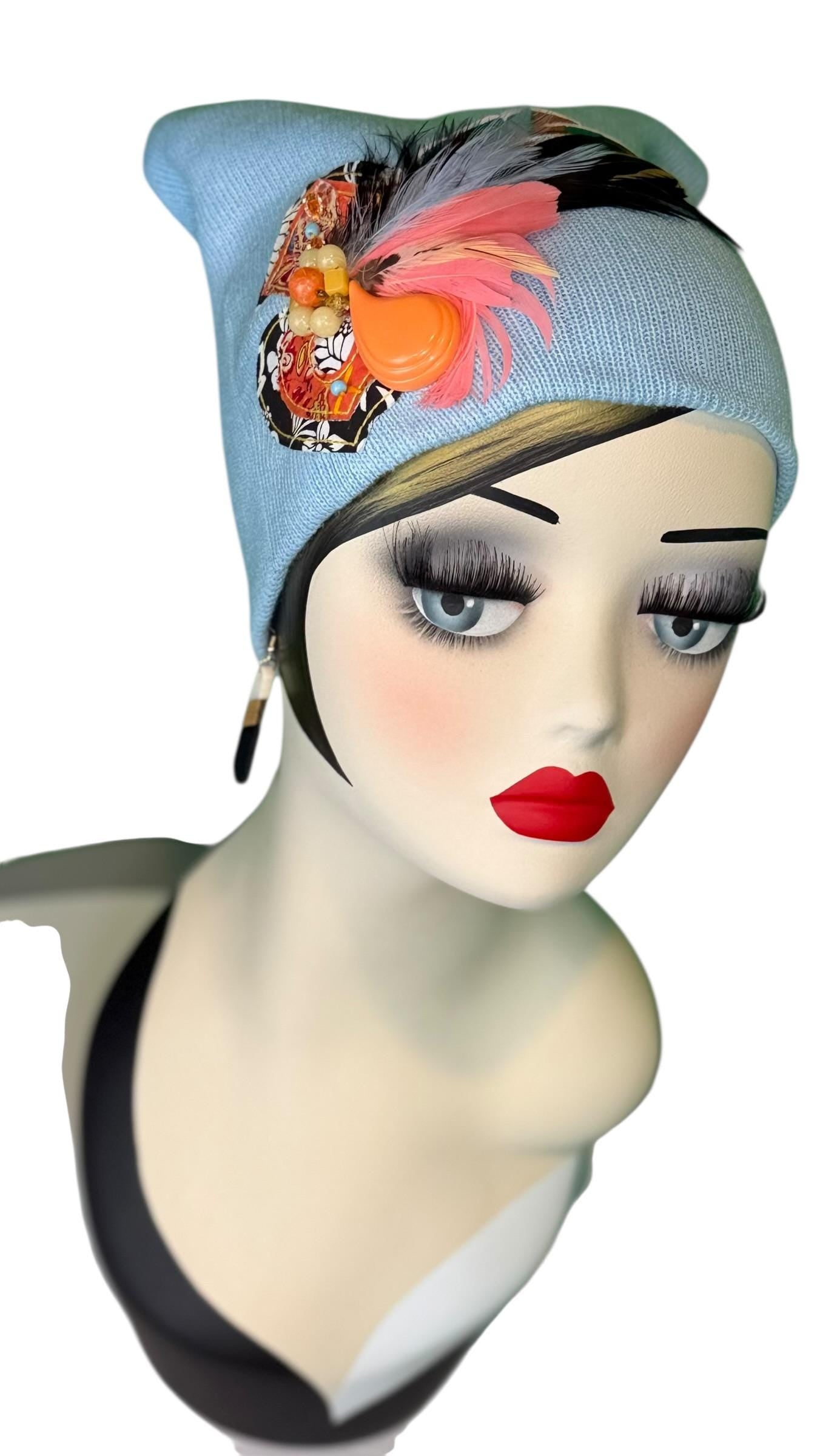 Statement Tribal Patchwork Flapper - Designer Jeweled and Feathered Embellished Knit Hat