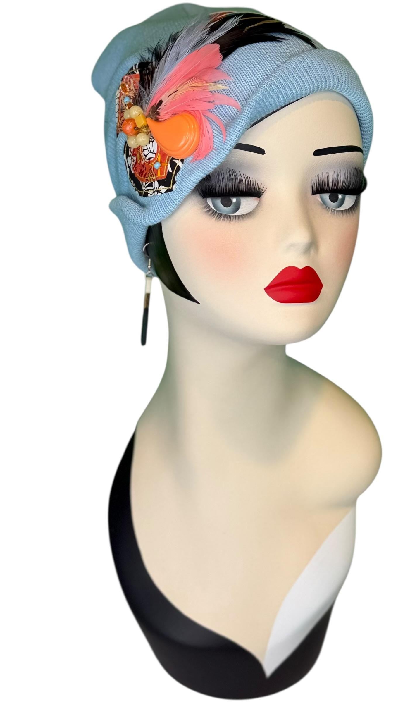 Statement Tribal Patchwork Flapper - Designer Jeweled and Feathered Embellished Knit Hat