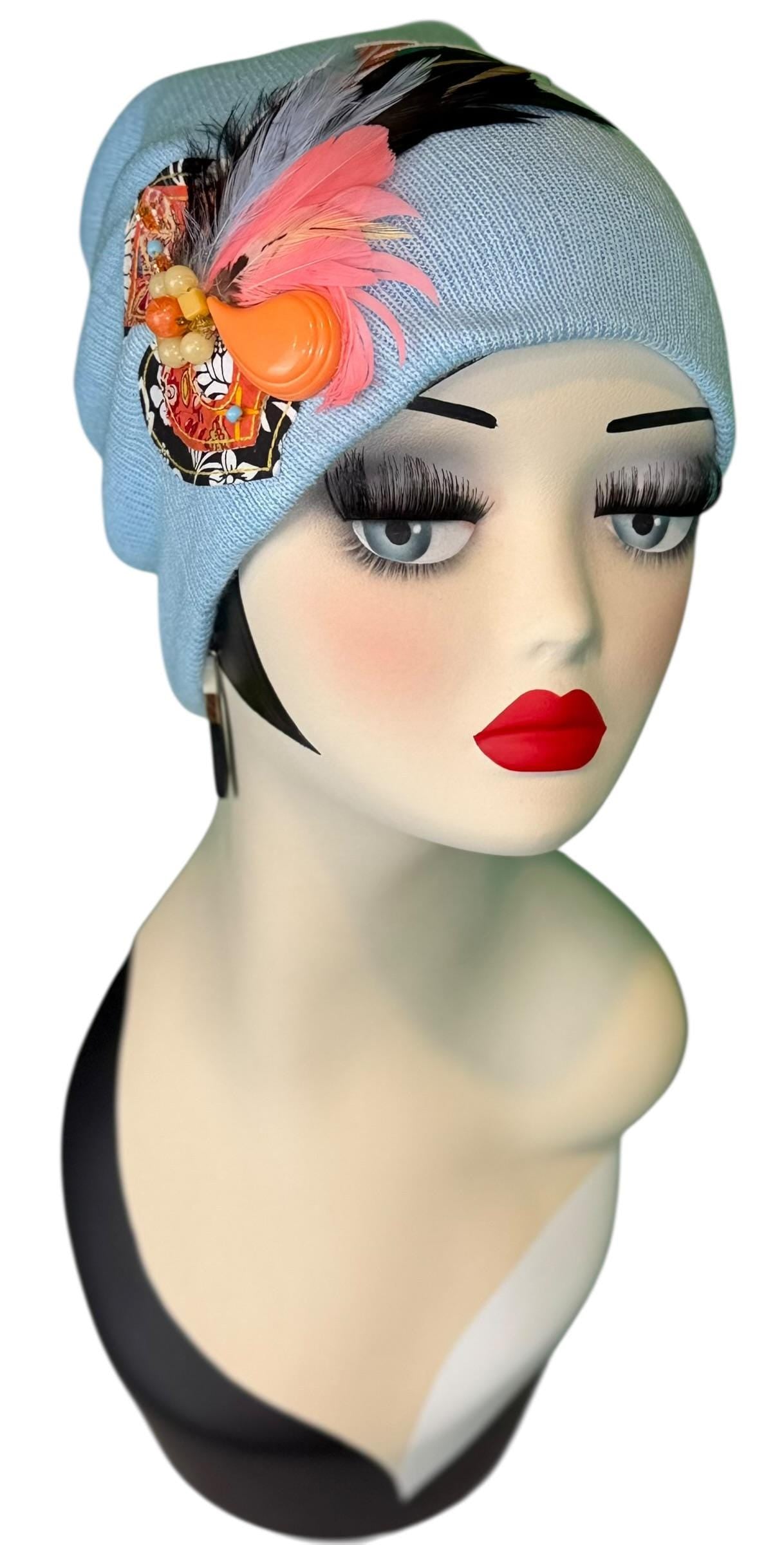 Statement Tribal Patchwork Flapper - Designer Jeweled and Feathered Embellished Knit Hat