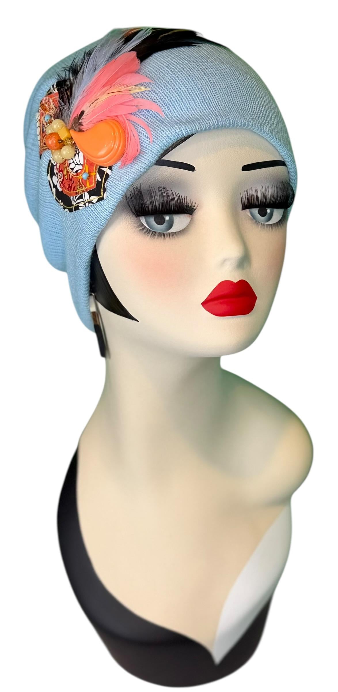 Statement Tribal Patchwork Flapper - Designer Jeweled and Feathered Embellished Knit Hat