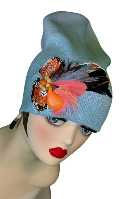 Statement Tribal Patchwork Flapper - Designer Jeweled and Feathered Embellished Knit Hat