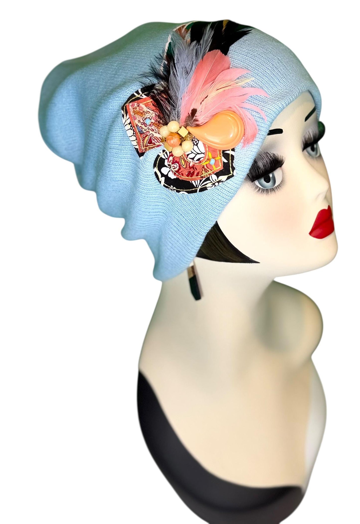 Statement Tribal Patchwork Flapper - Designer Jeweled and Feathered Embellished Knit Hat