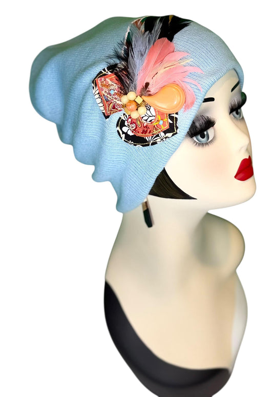 Statement Tribal Patchwork Flapper - Designer Jeweled and Feathered Embellished Knit Hat