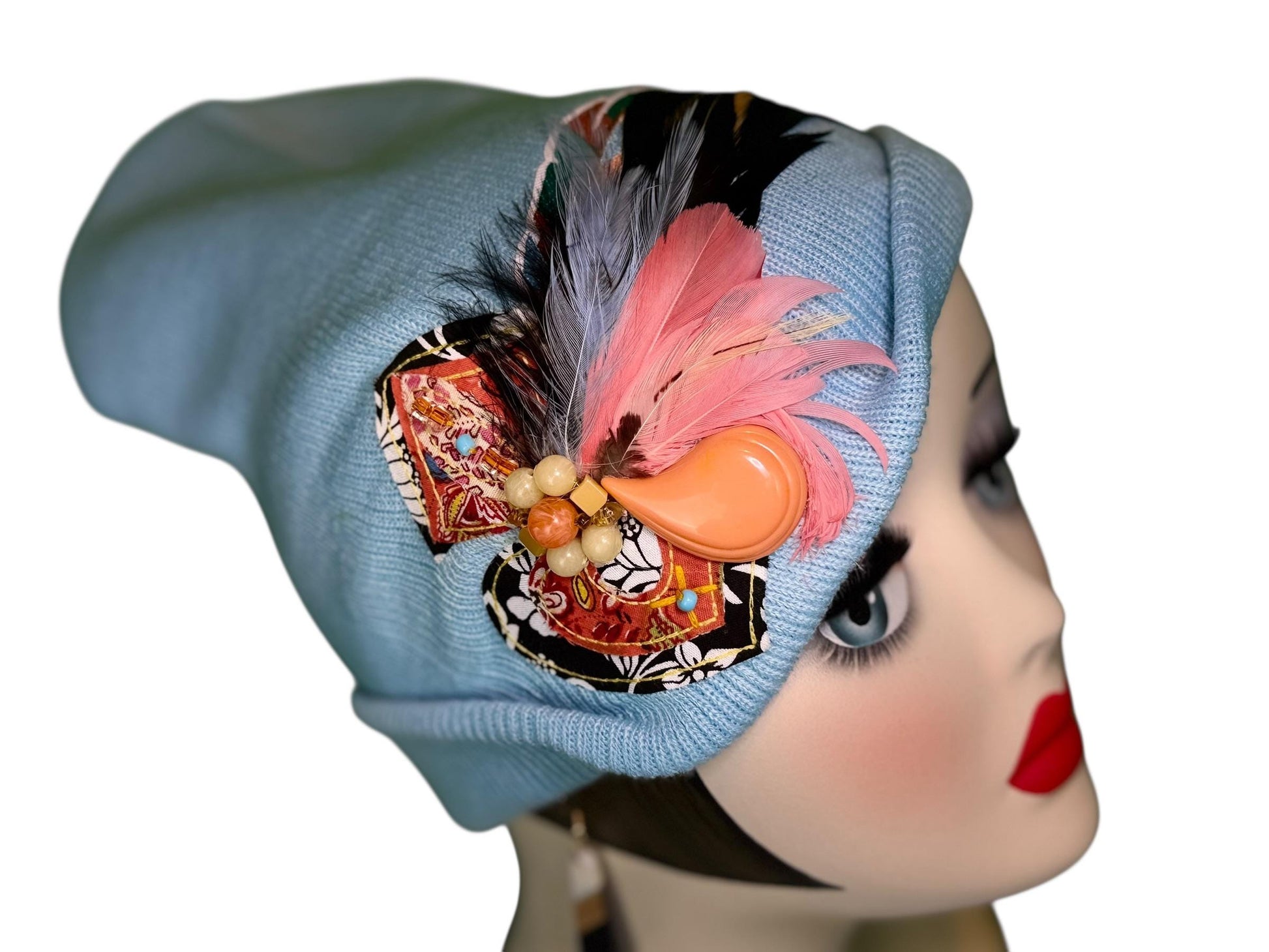 Statement Tribal Patchwork Flapper - Designer Jeweled and Feathered Embellished Knit Hat