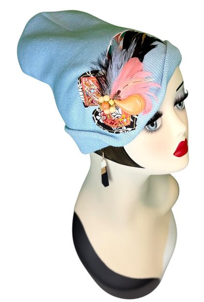 Statement Tribal Patchwork Flapper - Designer Jeweled and Feathered Embellished Knit Hat