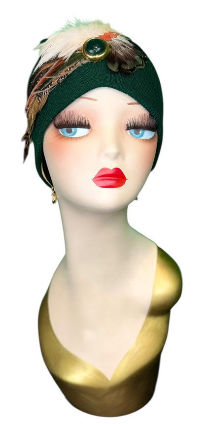 Embellished Vintage Jeweled Fancy Feather Knit Hat, Unique Fashionable Flapper Beanie