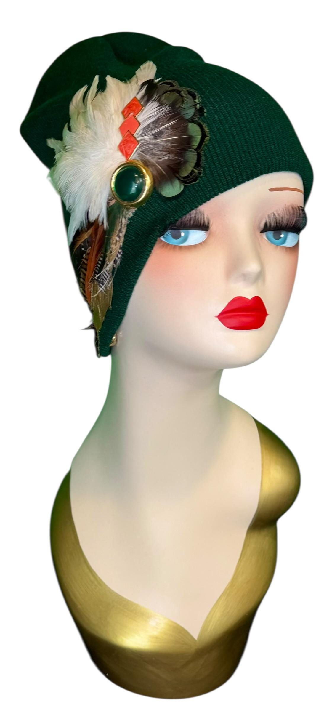 Embellished Vintage Jeweled Fancy Feather Knit Hat, Unique Fashionable Flapper Beanie
