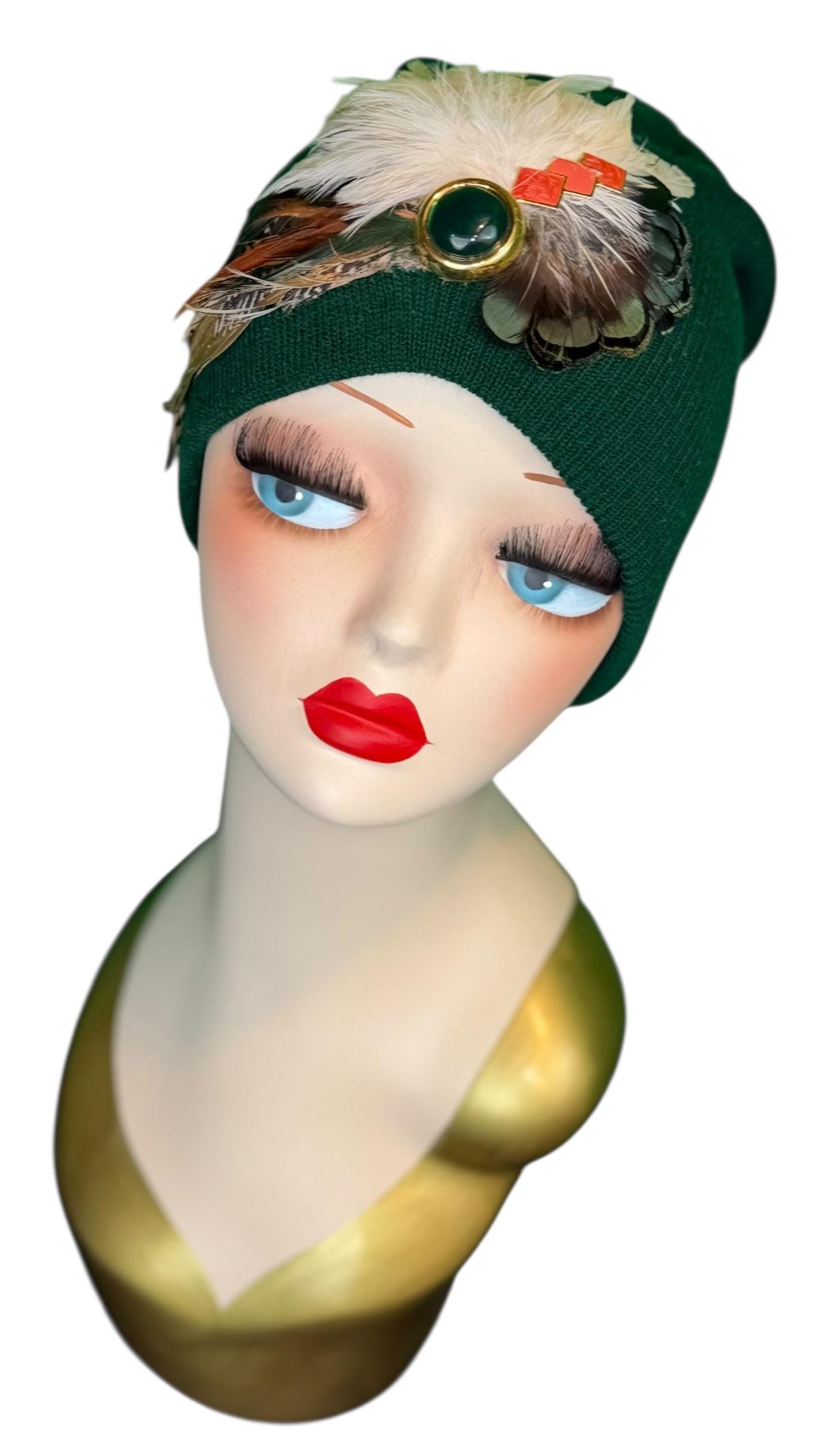 Embellished Vintage Jeweled Fancy Feather Knit Hat, Unique Fashionable Flapper Beanie