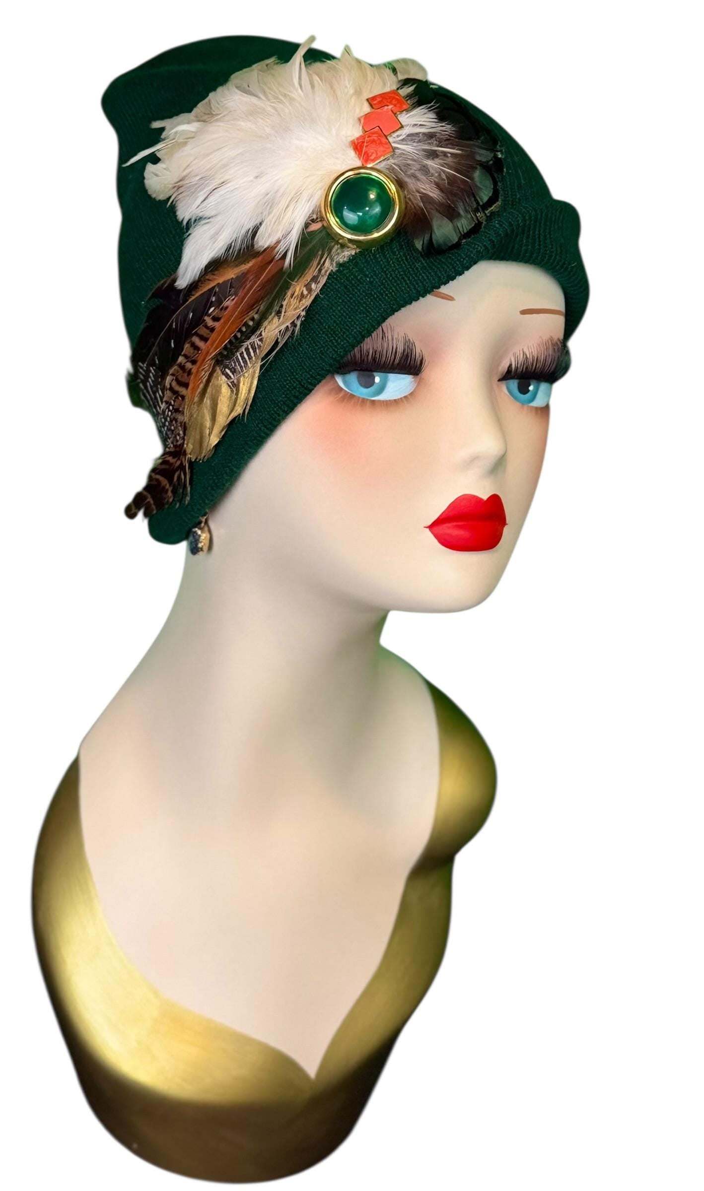 Embellished Vintage Jeweled Fancy Feather Knit Hat, Unique Fashionable Flapper Beanie