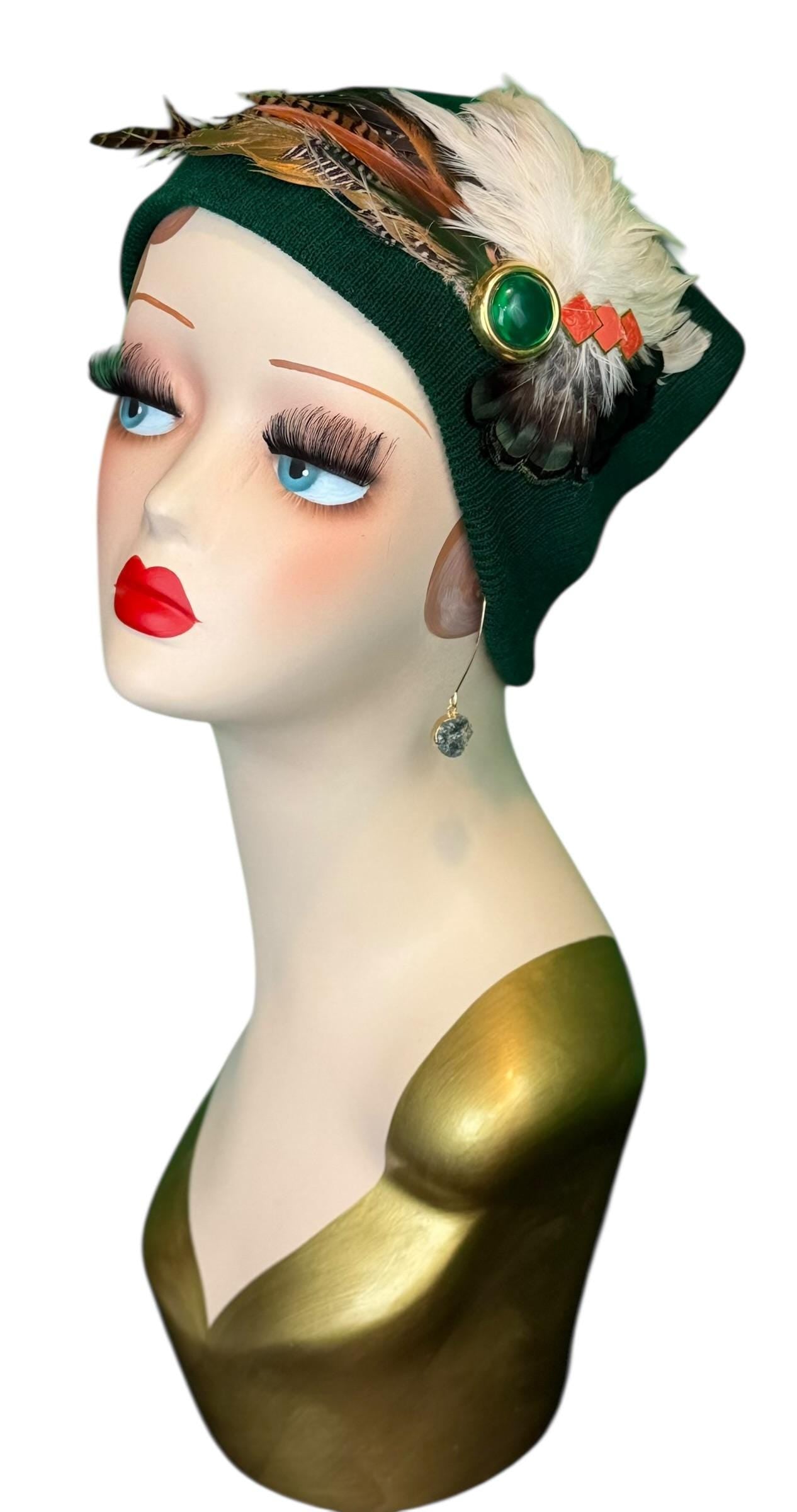 Embellished Vintage Jeweled Fancy Feather Knit Hat, Unique Fashionable Flapper Beanie