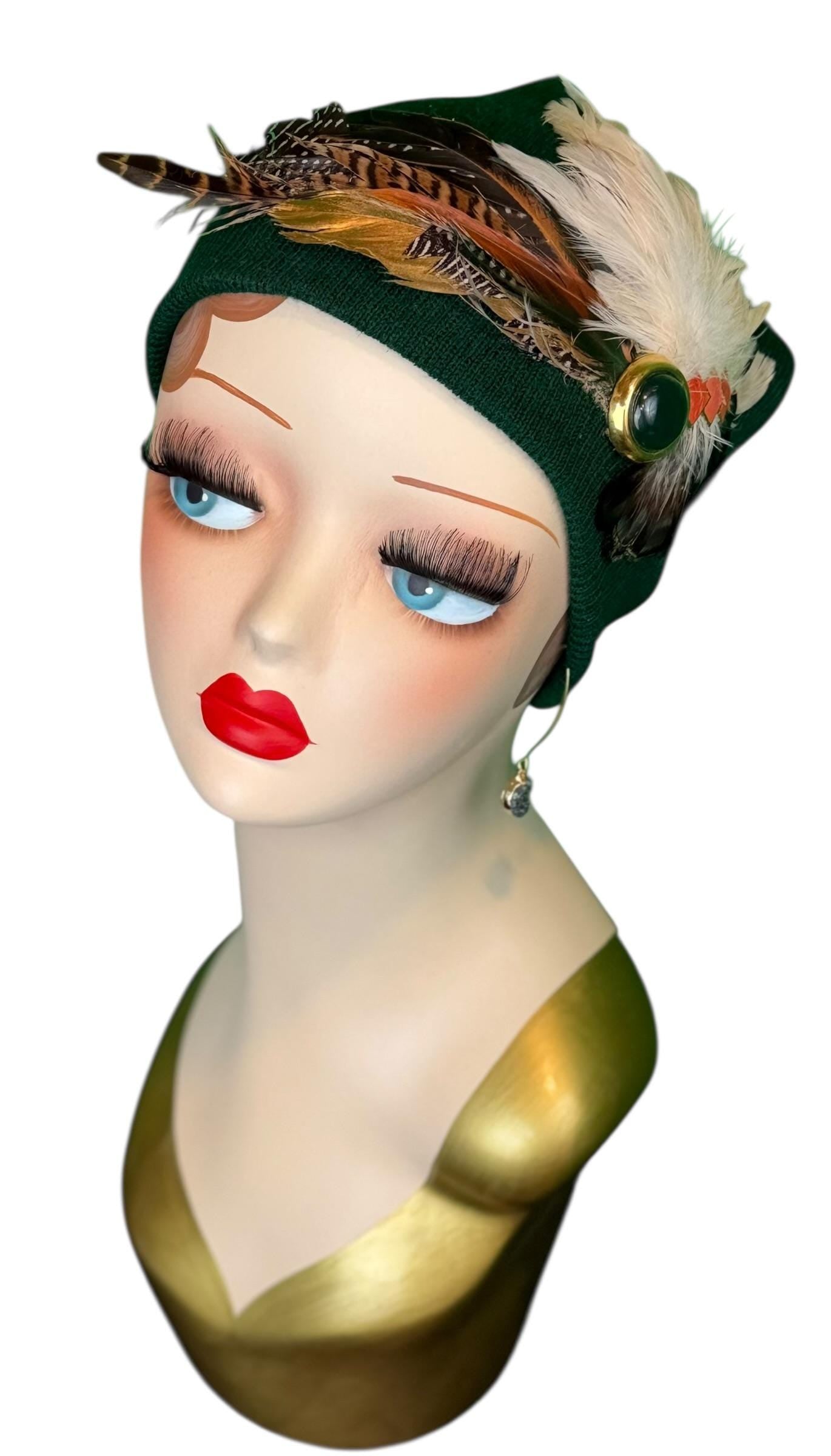 Embellished Vintage Jeweled Fancy Feather Knit Hat, Unique Fashionable Flapper Beanie
