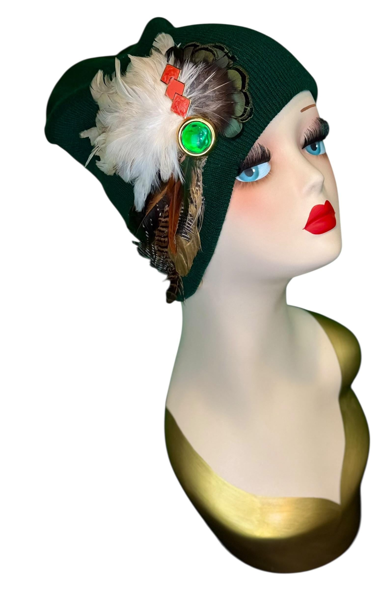 Embellished Vintage Jeweled Fancy Feather Knit Hat, Unique Fashionable Flapper Beanie