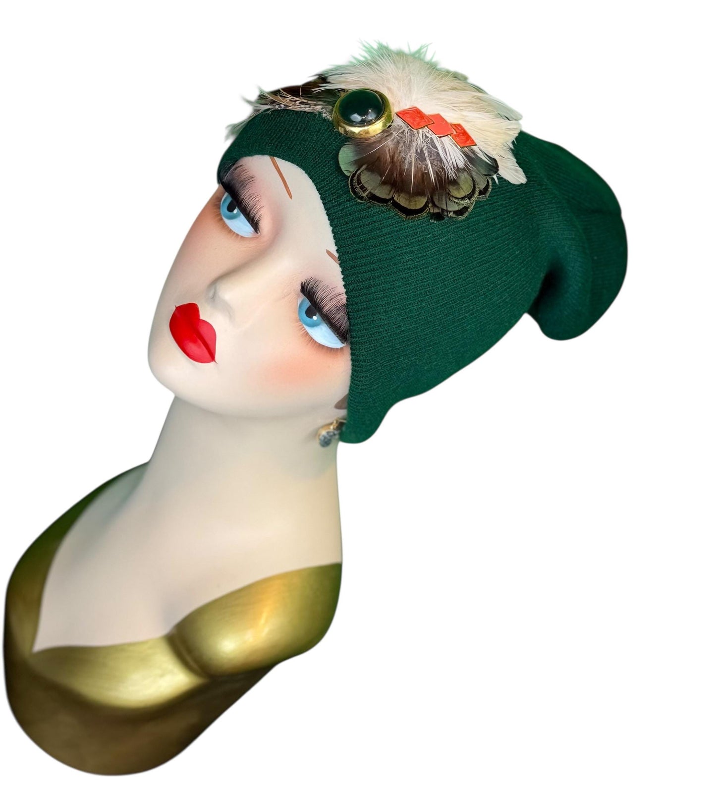Embellished Vintage Jeweled Fancy Feather Knit Hat, Unique Fashionable Flapper Beanie