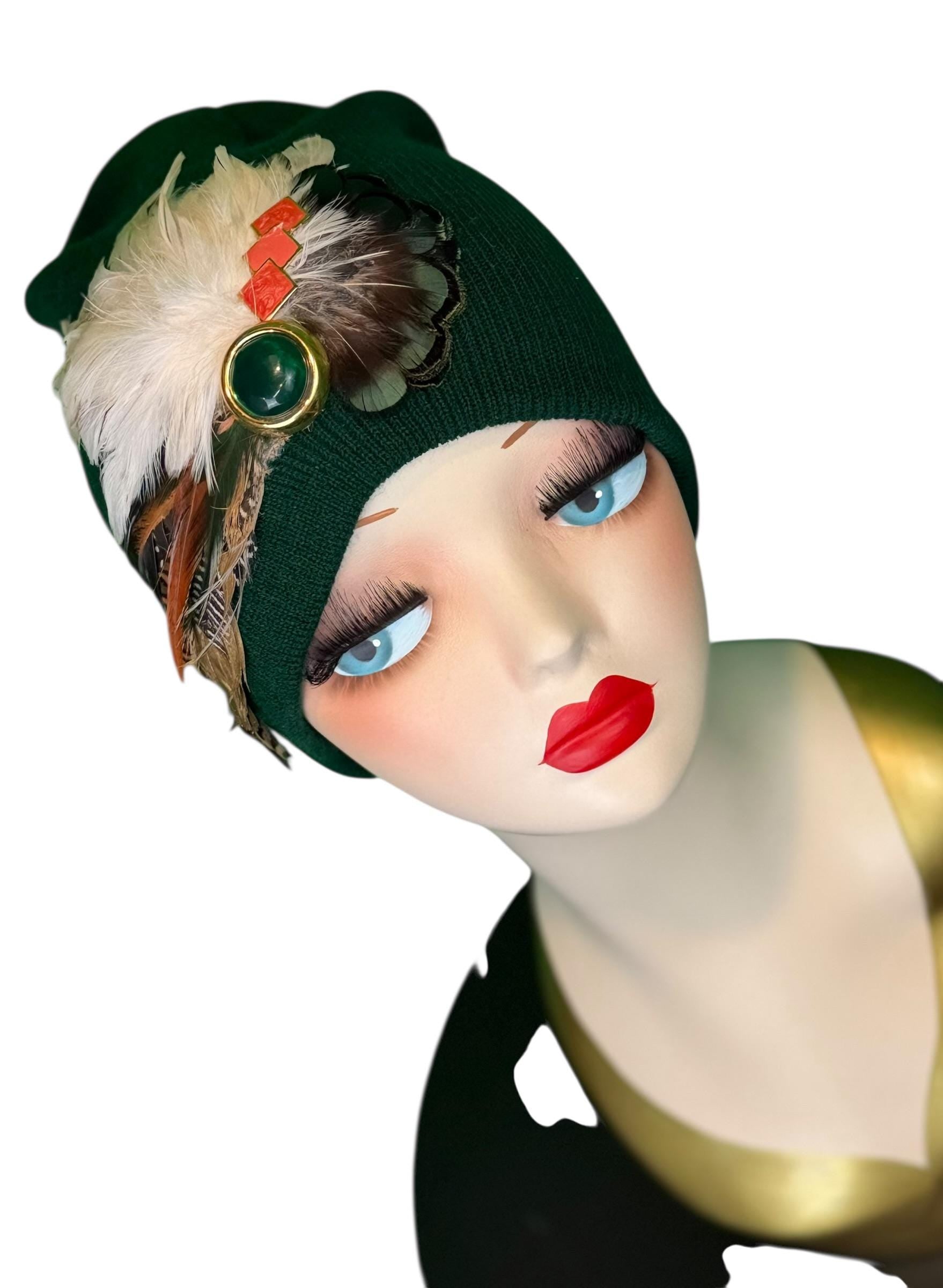Embellished Vintage Jeweled Fancy Feather Knit Hat, Unique Fashionable Flapper Beanie
