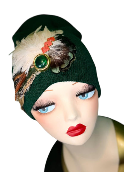 Embellished Vintage Jeweled Fancy Feather Knit Hat, Unique Fashionable Flapper Beanie
