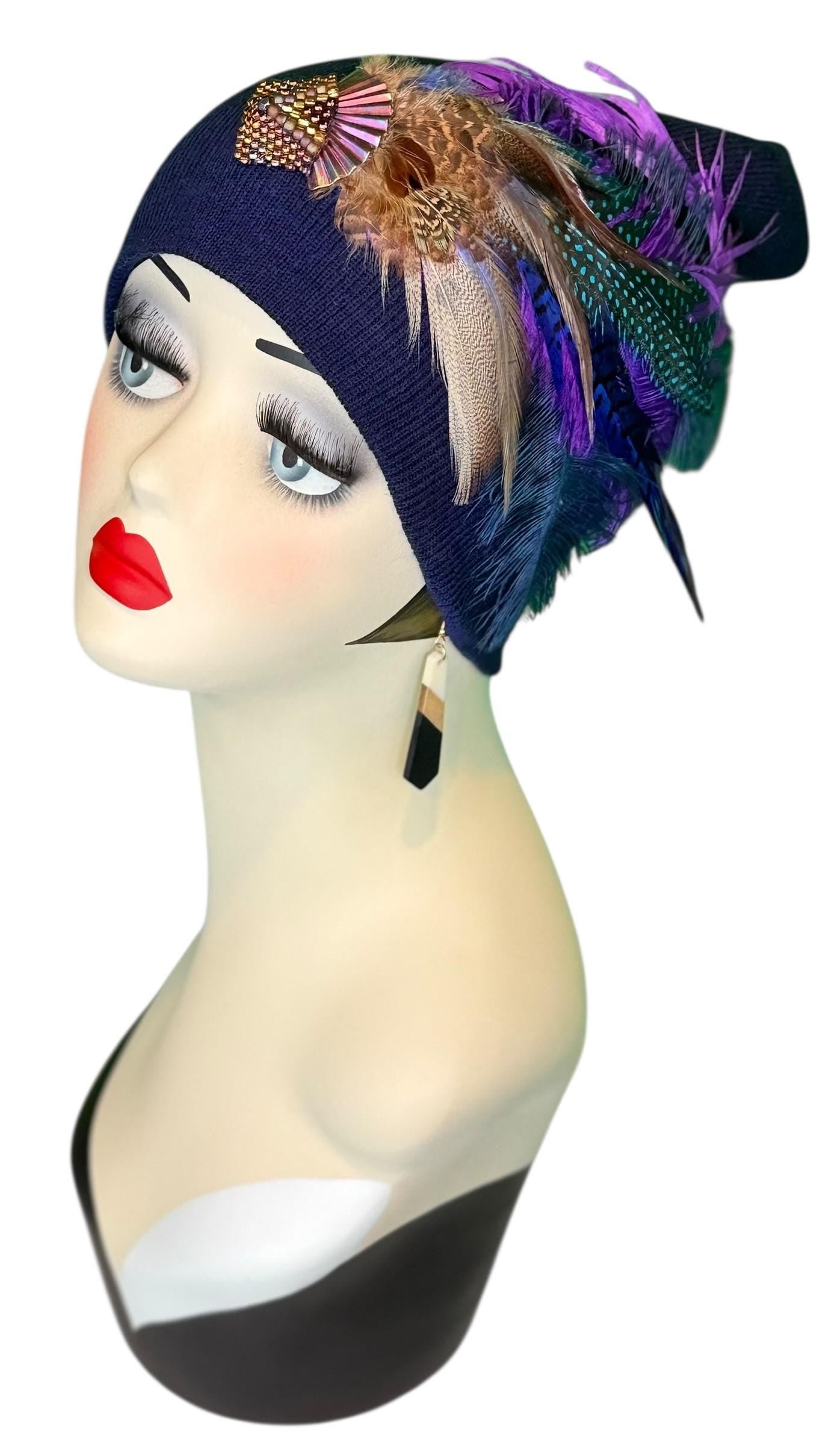Fancy Feather & Jeweled Knit Hat - Fashionable Statement Flapper Beanie - Luxury Vintage Embellished Hat