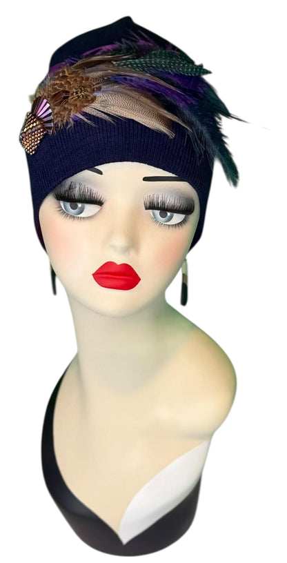 Fancy Feather & Jeweled Knit Hat - Fashionable Statement Flapper Beanie - Luxury Vintage Embellished Hat