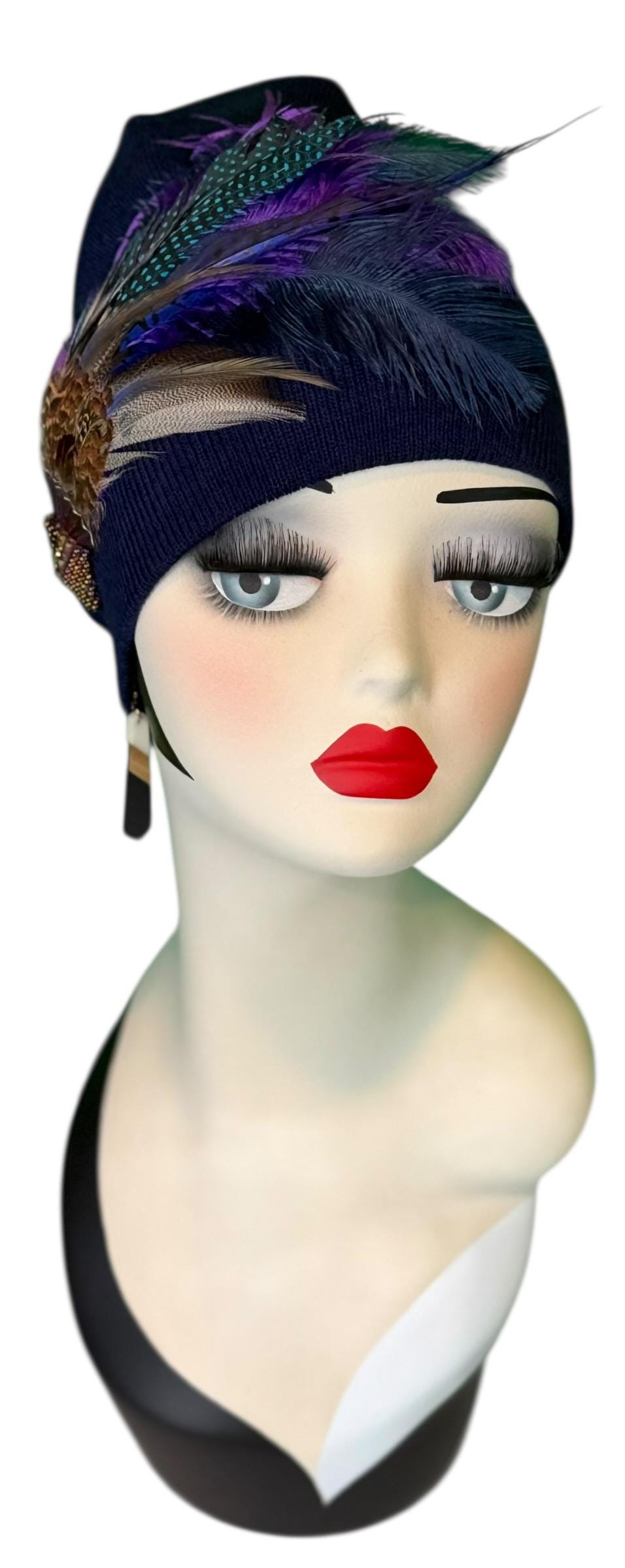 Fancy Feather & Jeweled Knit Hat - Fashionable Statement Flapper Beanie - Luxury Vintage Embellished Hat