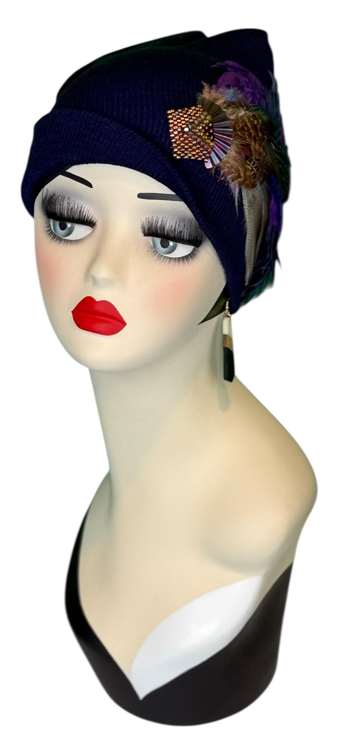 Fancy Feather & Jeweled Knit Hat - Fashionable Statement Flapper Beanie - Luxury Vintage Embellished Hat