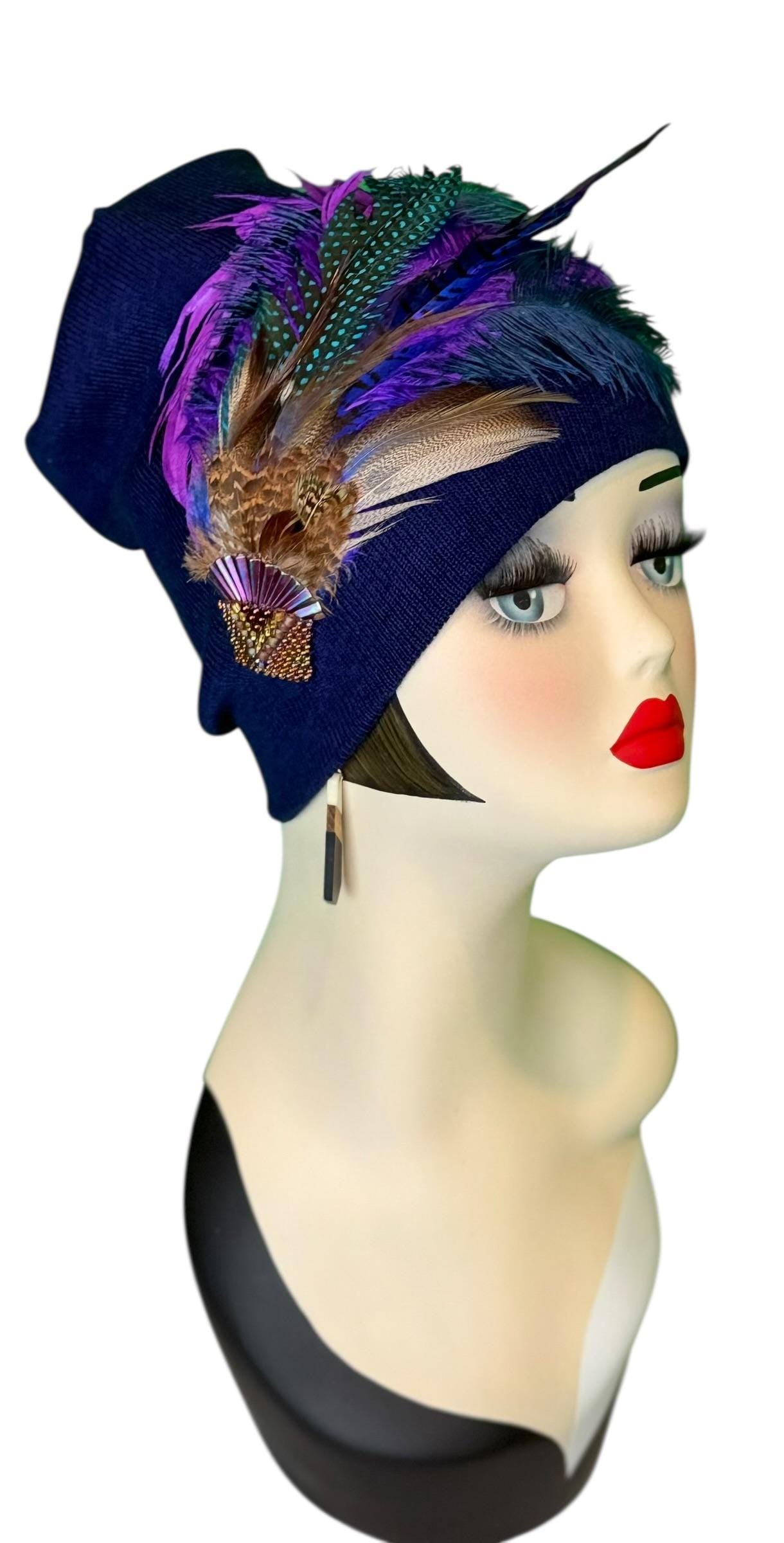 Fancy Feather & Jeweled Knit Hat - Fashionable Statement Flapper Beanie - Luxury Vintage Embellished Hat