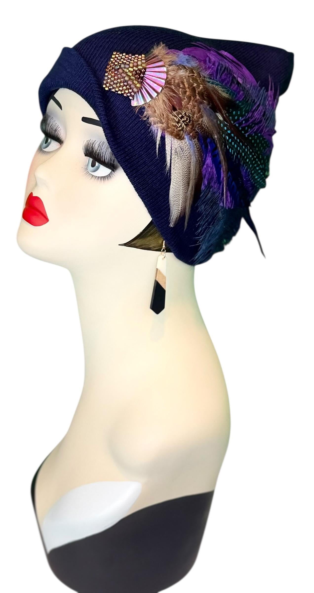 Fancy Feather & Jeweled Knit Hat - Fashionable Statement Flapper Beanie - Luxury Vintage Embellished Hat