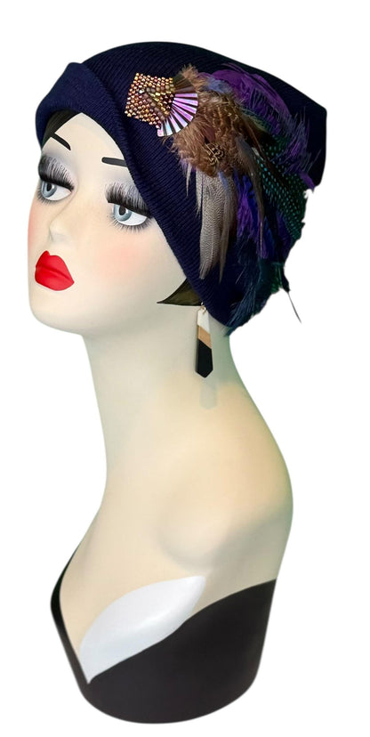 Fancy Feather & Jeweled Knit Hat - Fashionable Statement Flapper Beanie - Luxury Vintage Embellished Hat