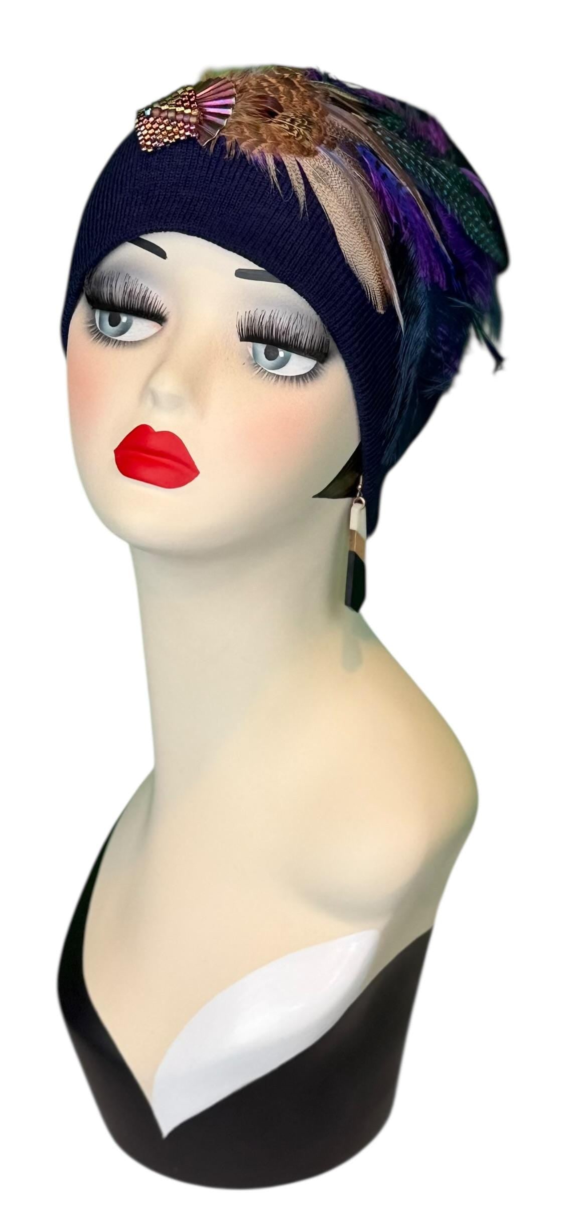 Fancy Feather & Jeweled Knit Hat - Fashionable Statement Flapper Beanie - Luxury Vintage Embellished Hat