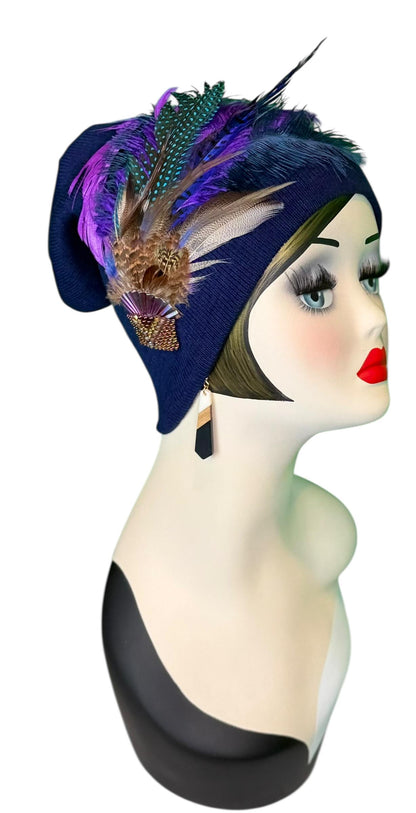 Fancy Feather & Jeweled Knit Hat - Fashionable Statement Flapper Beanie - Luxury Vintage Embellished Hat