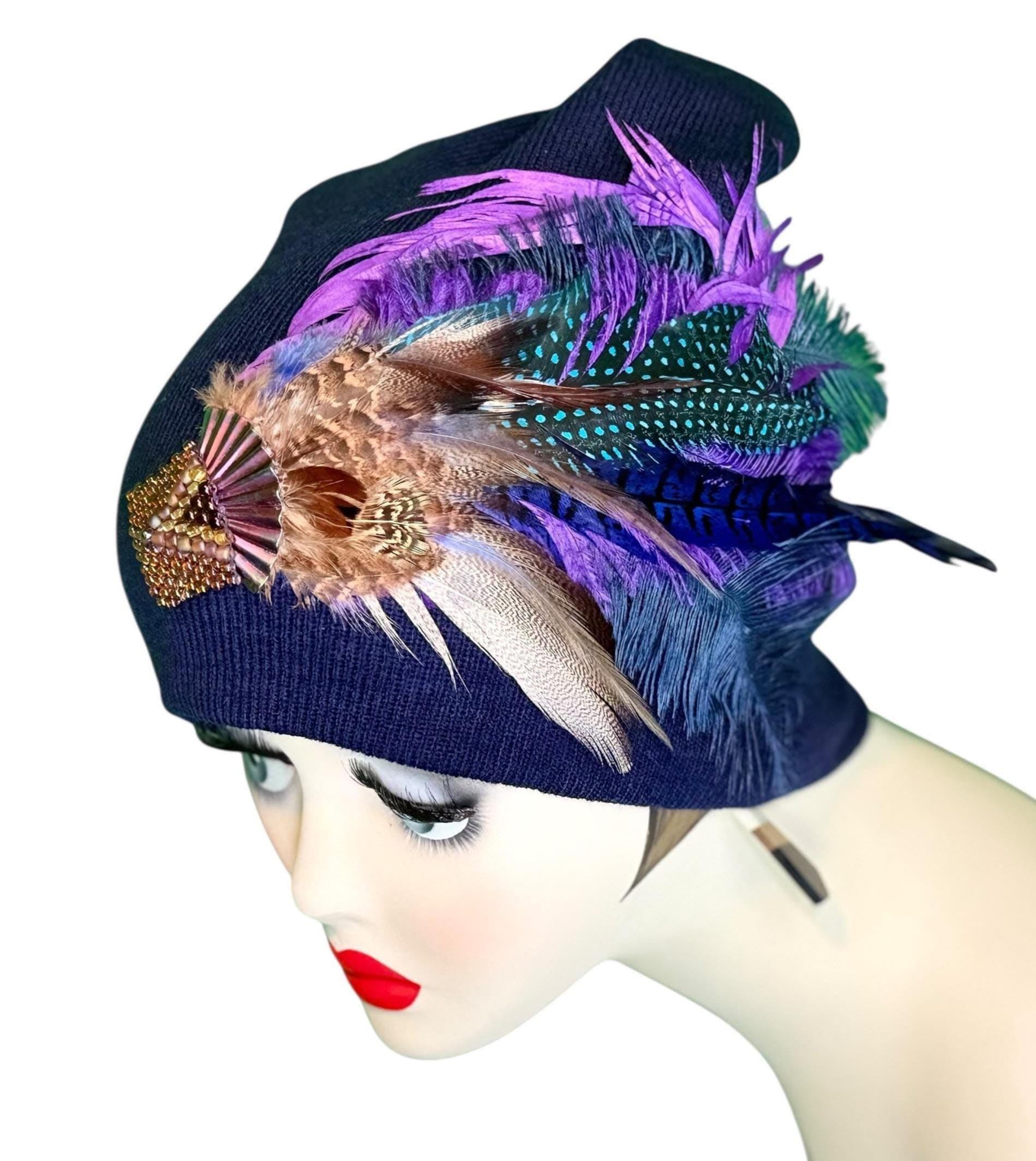 Fancy Feather & Jeweled Knit Hat - Fashionable Statement Flapper Beanie - Luxury Vintage Embellished Hat