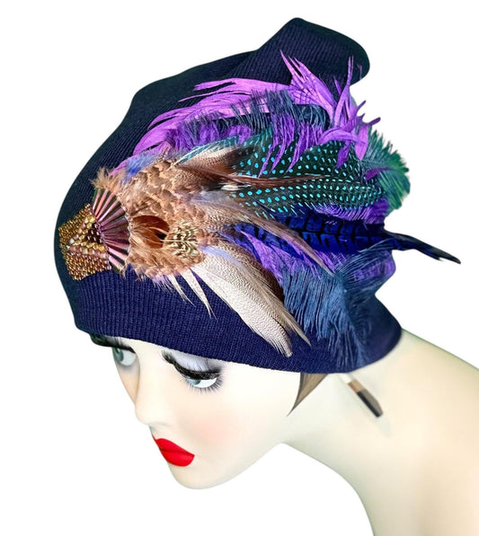 Fancy Feather & Jeweled Knit Hat - Fashionable Statement Flapper Beanie - Luxury Vintage Embellished Hat