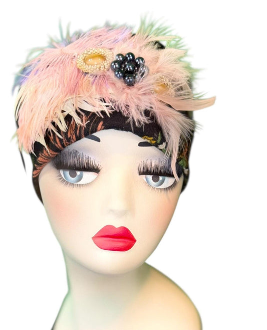 Fancy Feathered Jeweled Knit Hat - Sparkly Winter Flapper Beanie - Luxury Skiing Hat