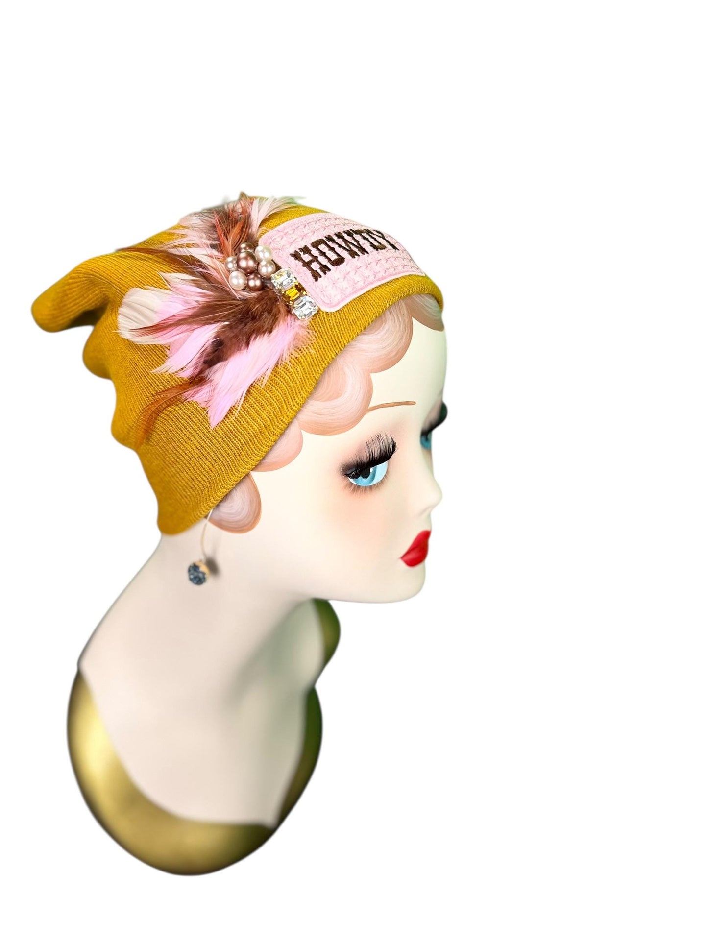 Cowboy Style Statement “HOWDY” Patchwork Feathered & Vintage Jeweled Designer Winter Hat