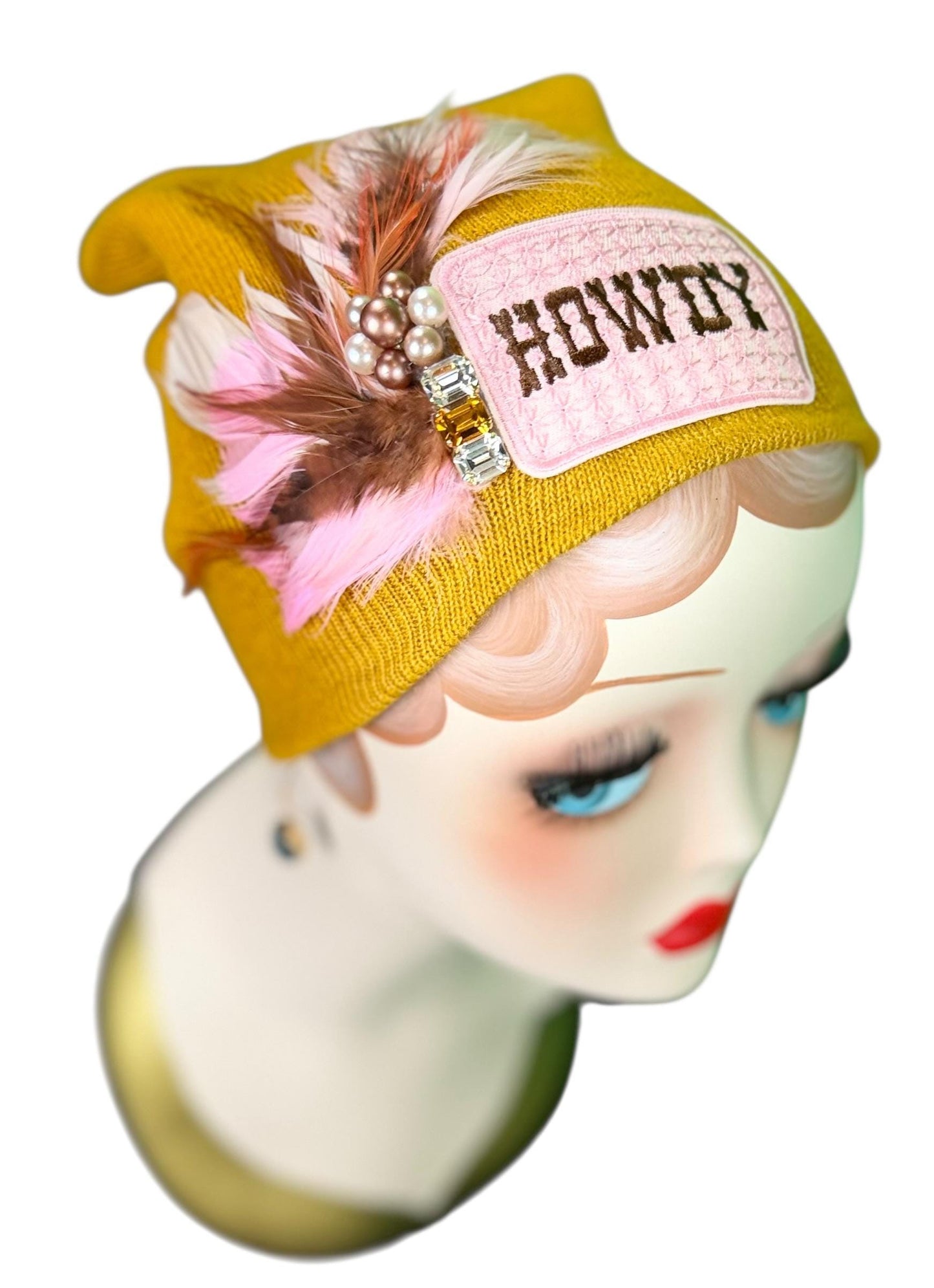 Cowboy Style Statement “HOWDY” Patchwork Feathered & Vintage Jeweled Designer Winter Hat