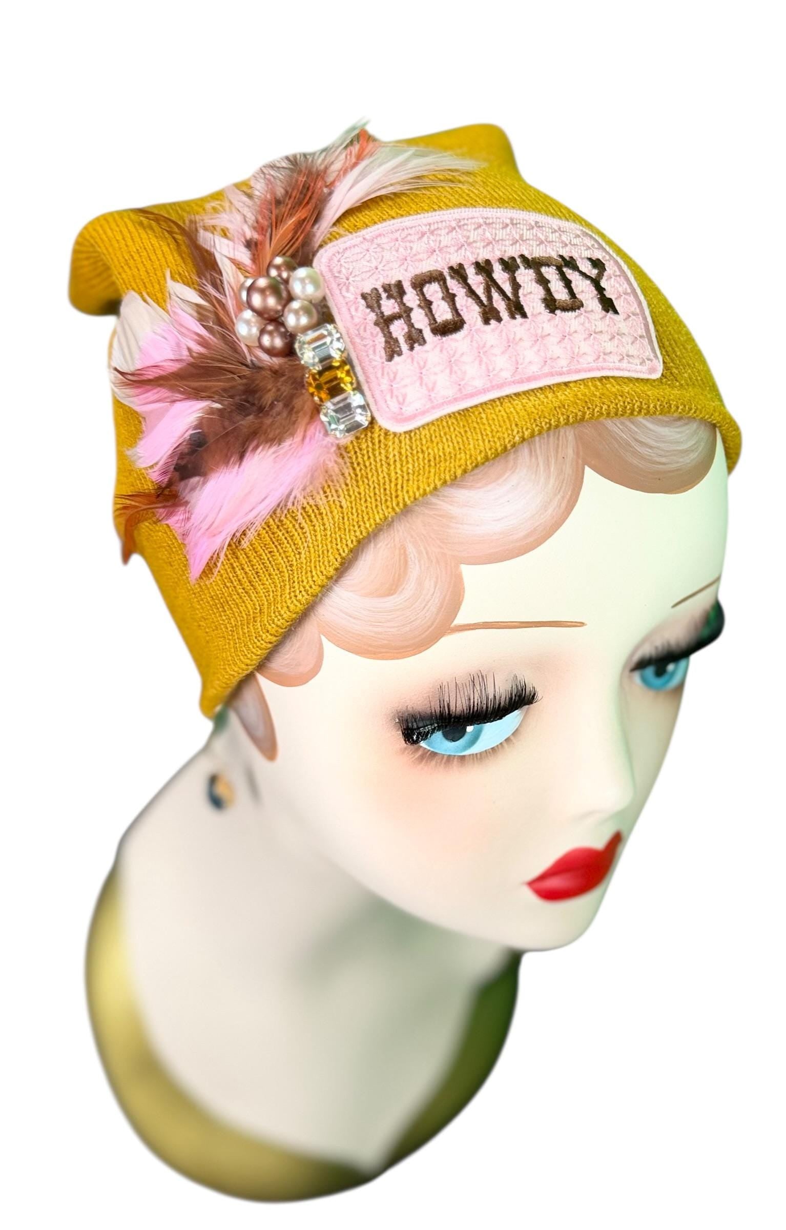 Cowboy Style Statement “HOWDY” Patchwork Feathered & Vintage Jeweled Designer Winter Hat