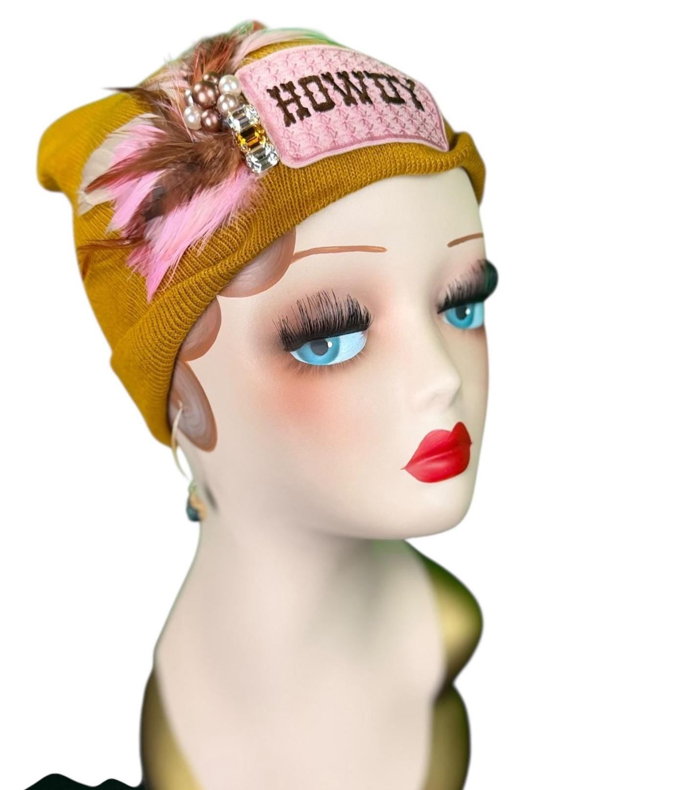 Cowboy Style Statement “HOWDY” Patchwork Feathered & Vintage Jeweled Designer Winter Hat