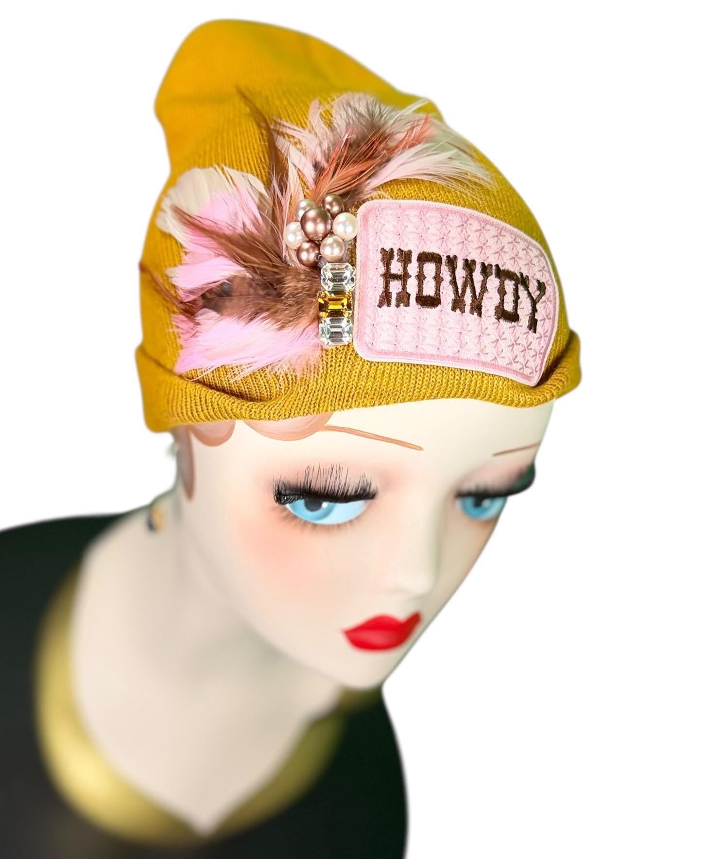 Cowboy Style Statement “HOWDY” Patchwork Feathered & Vintage Jeweled Designer Winter Hat
