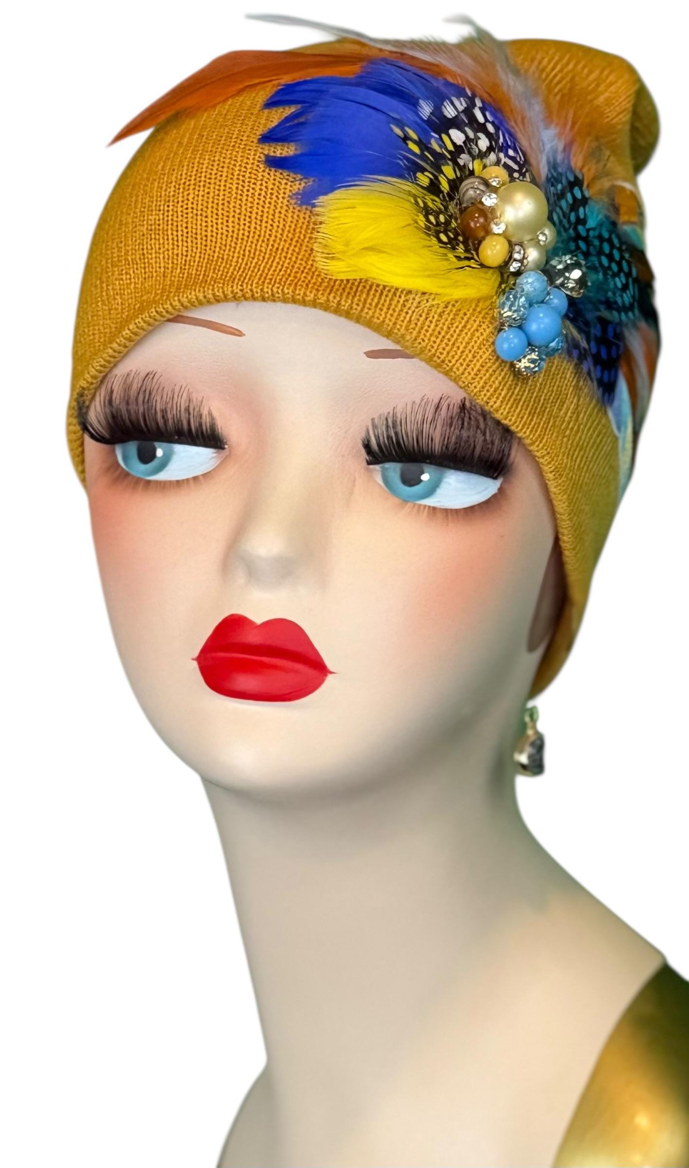 Golden Sunset Statement Patchwork Flapper - Designer Trimmed Feather - Vintage Jeweled Embellished All Season Wear