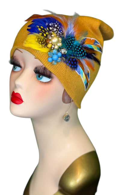 Golden Sunset Statement Patchwork Flapper - Designer Trimmed Feather - Vintage Jeweled Embellished All Season Wear